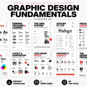 May include: A set of 10 educational posters titled Graphic Design Fundamentals, featuring black, white, and red text and diagrams. Topics include type classifications, kerning, grid systems, anatomy of type, visual hierarchy, color, layout, logo design, contrast, and the design process.