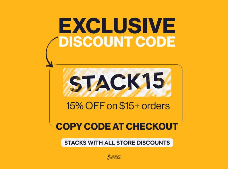 May include: A yellow promotional graphic featuring the text EXCLUSIVE DISCOUNT CODE with an arrow pointing to a box containing the code STACK15. Below this, the text reads 15% OFF on $15+ orders, COPY CODE AT CHECKOUT, and STACKS WITH ALL STORE DISCOUNTS.