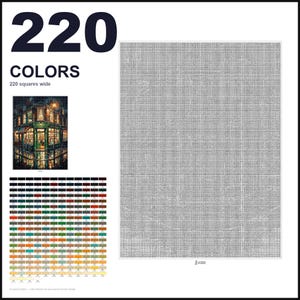 May include: A paint by numbers pattern featuring a large grid of 220 squares wide, a small reference image of a city street corner at night, and a color palette chart with 220 numbered color swatches labeled with their respective color names.