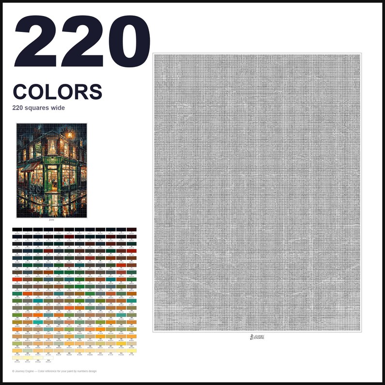 May include: A paint by numbers pattern featuring a large grid of 220 squares wide, a small reference image of a city street corner at night, and a color palette chart with 220 numbered color swatches labeled with their respective color names.