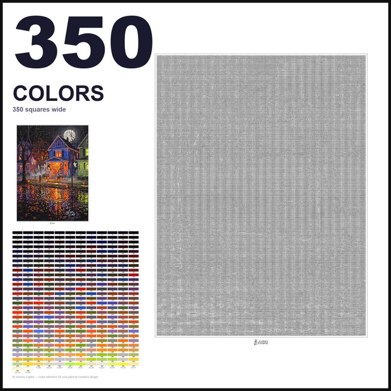 May include: A paint-by-numbers pattern featuring a large grid of 350 colors, a reference image of a house at night with a full moon, and a large gray grid labeled 350 squares wide. The layout includes a detailed color key with numbered swatches.