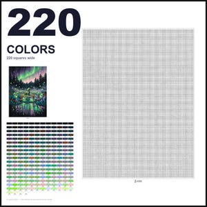 May include: A paint-by-numbers canvas template featuring a grid that is 220 squares wide. The image includes a small color reference picture of a forest scene with an aurora borealis and a detailed color key chart with 220 numbered color swatches.