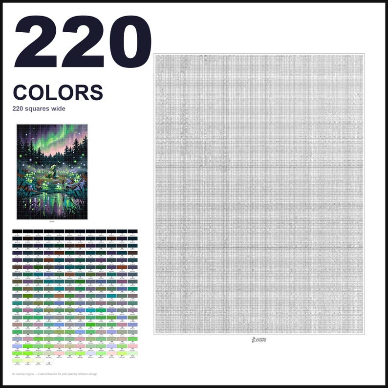 May include: A paint-by-numbers canvas template featuring a grid that is 220 squares wide. The image includes a small color reference picture of a forest scene with an aurora borealis and a detailed color key chart with 220 numbered color swatches.