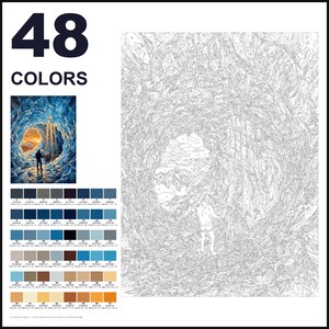 K&ouml;nnte beinhalten: Ein Malen-nach-Zahlen-Set mit einer gro&szlig;en Umrisszeichnung einer Person vor einem H&ouml;hleneingang, einem kleinen Farbreferenzbild einer blauen Eish&ouml;hle, der Aufschrift 48 COLORS und einem Raster aus 48 nummerierten Farbfeldern.