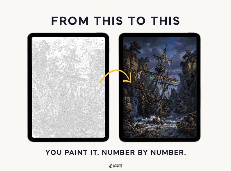May include: Two tablets displaying a paint-by-number project. The left screen shows a grayscale line drawing of a ship, while the right screen shows the completed, colorful painting. Text reads FROM THIS TO THIS and YOU PAINT IT. NUMBER BY NUMBER.