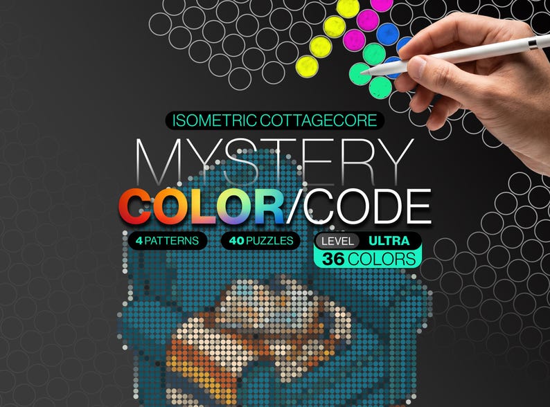 Puede incluir: Un conjunto de rompecabezas digitales de colorear por c&oacute;digo titulado ISOMETRIC COTTAGECORE MYSTERY COLOR/CODE con 4 patrones, 40 rompecabezas y 36 colores. El gr&aacute;fico presenta un fondo oscuro con una cuadr&iacute;cula de c&iacute;rculos parcialmente rellenos de colores brillantes.