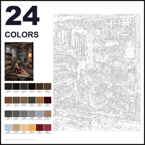 May include: A paint-by-numbers kit featuring a detailed line drawing of an interior scene with a doll, shelves, and various objects. The kit includes a reference image, a numbered outline template, and a palette of 24 distinct paint colors.