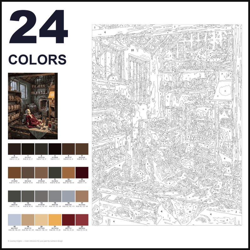 May include: A paint-by-numbers kit featuring a detailed line drawing of an interior scene with a doll, shelves, and various objects. The kit includes a reference image, a numbered outline template, and a palette of 24 distinct paint colors.