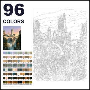 May include: A paint-by-numbers kit featuring a large outline of a fantasy castle on a bridge over a waterfall. The set includes a small color reference image, a grid of 96 numbered color swatches with hex codes, and the text 96 COLORS.