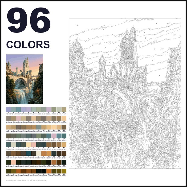 May include: A paint-by-numbers kit featuring a large outline of a fantasy castle on a bridge over a waterfall. The set includes a small color reference image, a grid of 96 numbered color swatches with hex codes, and the text 96 COLORS.
