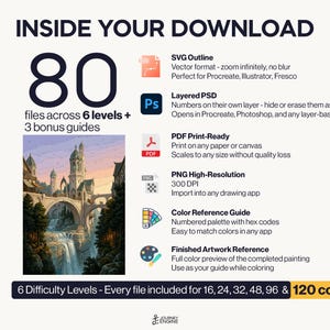 May include: A digital download package containing 80 files across 6 difficulty levels and 3 bonus guides. Includes SVG, layered PSD, PDF, high-resolution PNG, a color reference guide with hex codes, and a finished artwork reference image.