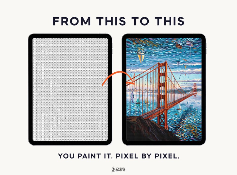 May include: Two tablets displaying a paint-by-number activity. The left tablet shows a grid of letters, while the right tablet shows a completed colorful painting of the Golden Gate Bridge. Text reads: FROM THIS TO THIS and YOU PAINT IT. PIXEL BY PIXEL.