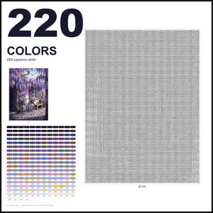 May include: A paint-by-numbers canvas featuring a grid of 220 squares wide, a small color reference image of a bicycle under wisteria, and a detailed chart of 220 numbered color swatches. The text 220 COLORS and 220 squares wide is visible.
