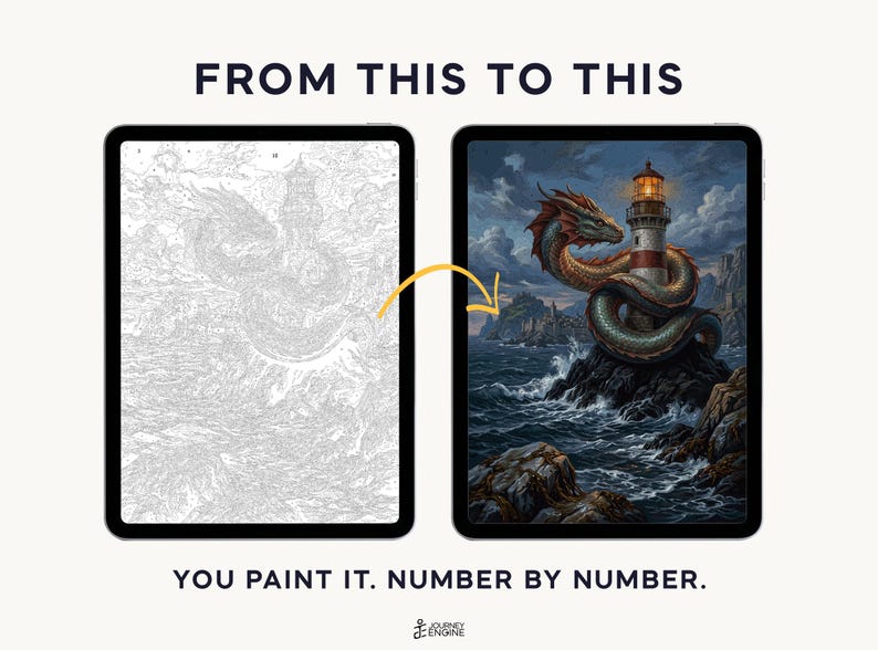 May include: Two tablets displaying a paint-by-number project. The left screen shows a grayscale line drawing of a dragon coiled around a lighthouse. The right screen shows the completed, full-color version. Text reads: FROM THIS TO THIS. YOU PAINT IT. NUMBER BY NUMBER.