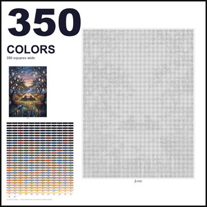May include: A paint-by-numbers canvas featuring a grid of 350 squares wide, accompanied by a color reference chart with 350 distinct color swatches and a small preview image of a forest scene with hanging lanterns and a table at dusk.