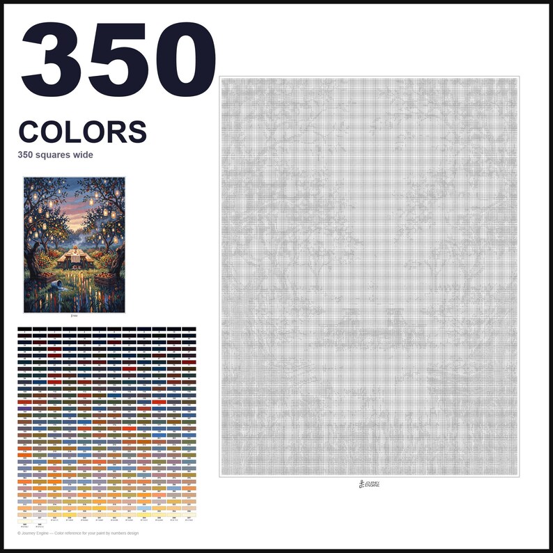 May include: A paint-by-numbers canvas featuring a grid of 350 squares wide, accompanied by a color reference chart with 350 distinct color swatches and a small preview image of a forest scene with hanging lanterns and a table at dusk.