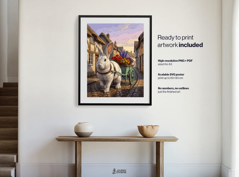 May include: A framed digital art print featuring a white rabbit pulling a small green cart filled with colorful flowers through a cobblestone village street. The text on the right reads Ready to print artwork included, High-resolution PNG + PDF sized for A3, Scalable SVG poster print up to 60x90 cm, No numbers, no outlines just the finished art.