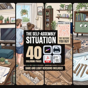 Op de afbeelding: Een digitaal kleurboek getiteld The Self-Assembly Situation met 40 pagina's in donkere en lichte versies. De cover toont een getekende woonkamer, een persoon bij meubels, een QR-code en iconen voor Procreate, PDF en PNG-bestanden.