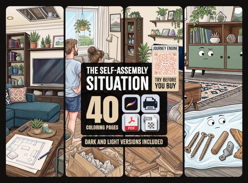 Op de afbeelding: Een digitaal kleurboek getiteld The Self-Assembly Situation met 40 pagina's in donkere en lichte versies. De cover toont een getekende woonkamer, een persoon bij meubels, een QR-code en iconen voor Procreate, PDF en PNG-bestanden.