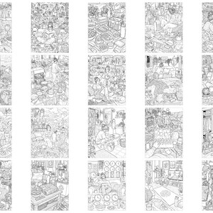 Peut inclure: Une collection de vingt illustrations d&eacute;taill&eacute;es en noir et blanc au trait, repr&eacute;sentant diverses sc&egrave;nes d'int&eacute;rieur, incluant des personnes se relaxant dans des salons, cuisines et chambres, avec des motifs complexes et du mobilier.