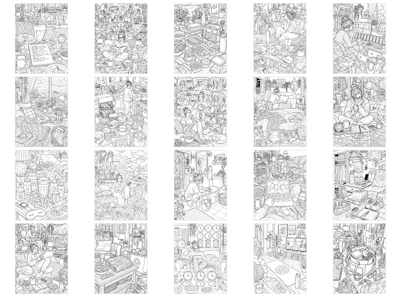 Peut inclure: Une collection de vingt illustrations d&eacute;taill&eacute;es en noir et blanc au trait, repr&eacute;sentant diverses sc&egrave;nes d'int&eacute;rieur, incluant des personnes se relaxant dans des salons, cuisines et chambres, avec des motifs complexes et du mobilier.