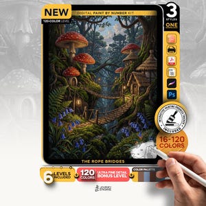 May include: A digital paint by number kit titled The Rope Bridges featuring a forest scene with mushroom-shaped houses, rope bridges, and blue flowers. The kit includes 120 colors, 6 levels, and an interactive progress tracker for digital use.