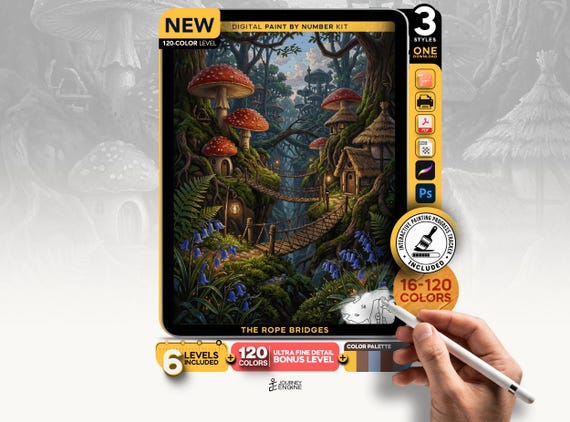 Mushroom Village paint by numbers digital kit, Fairy Forest Rope Bridge Art