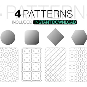 Puede incluir: Un gr&aacute;fico digital que muestra 4 PATTERNS INCLUDED INSTANT DOWNLOAD. La imagen presenta cuatro formas geom&eacute;tricas distintas&mdash;un c&iacute;rculo, un cuadrado, un diamante y un hex&aacute;gono&mdash;sobre cuatro cuadr&iacute;culas rectangulares llenas de celdas numeradas.