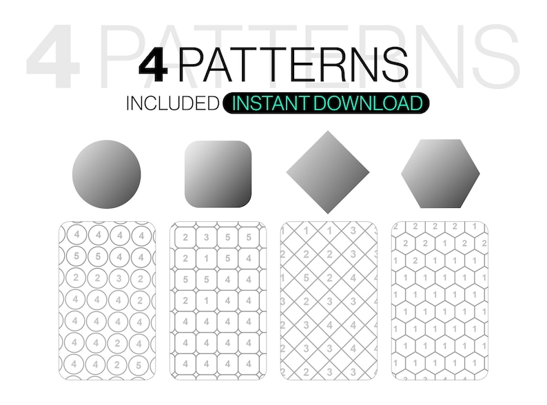 Puede incluir: Un gr&aacute;fico digital que muestra 4 PATTERNS INCLUDED INSTANT DOWNLOAD. La imagen presenta cuatro formas geom&eacute;tricas distintas&mdash;un c&iacute;rculo, un cuadrado, un diamante y un hex&aacute;gono&mdash;sobre cuatro cuadr&iacute;culas rectangulares llenas de celdas numeradas.