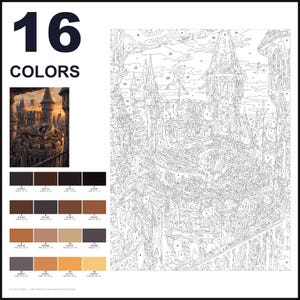 May include: A paint-by-numbers kit featuring a castle and dragon scene with 16 colors. The layout includes a large numbered outline of the castle, a small finished reference image, and a color palette with 16 distinct swatches labeled 0 through 15.