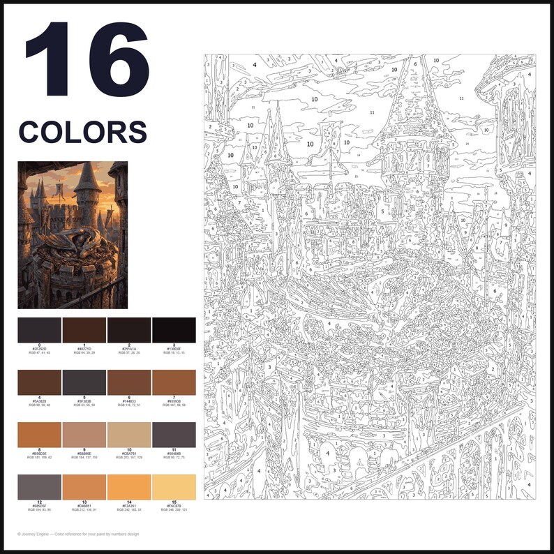 May include: A paint-by-numbers kit featuring a castle and dragon scene with 16 colors. The layout includes a large numbered outline of the castle, a small finished reference image, and a color palette with 16 distinct swatches labeled 0 through 15.