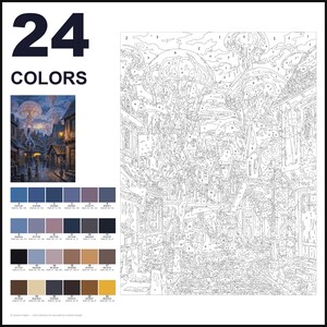 May include: A paint-by-numbers kit featuring a numbered outline of a cobblestone street scene with large jellyfish floating in the sky. The set includes a small color reference image, a grid of 24 distinct color swatches, and the text 24 COLORS.