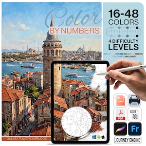 May include: A digital paint-by-numbers kit depicting Galata Tower. The kit offers 16-48 colours and 4 difficulty levels. The image shows a tablet with a stylus, and the text "Color by Numbers" is visible.