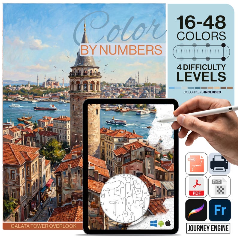 May include: A digital paint-by-numbers kit depicting Galata Tower. The kit offers 16-48 colours and 4 difficulty levels. The image shows a tablet with a stylus, and the text "Color by Numbers" is visible.