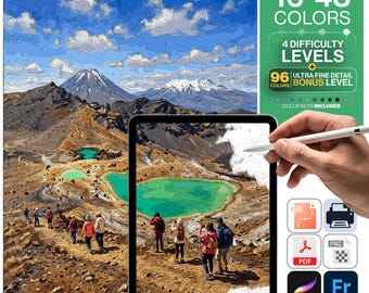 New Zealand Paint by Numbers Digital | 5 Levels 16-96 Colors | Svg Pdf Png Procreate | Tongariro Emerald Lakes Mt Doom Printable Wall Art