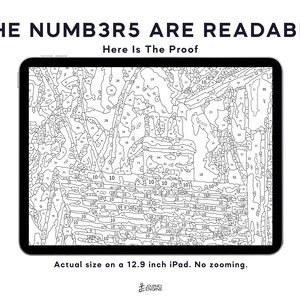 May include: A digital paint-by-number template displayed on a 12.9 inch iPad screen. The black and white line art features numerous numbered sections. Text at the top reads THE NUMB3R5 ARE READABLE Here Is The Proof, with a caption below stating the size.