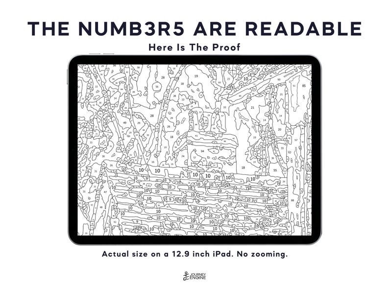 May include: A digital paint-by-number template displayed on a 12.9 inch iPad screen. The black and white line art features numerous numbered sections. Text at the top reads THE NUMB3R5 ARE READABLE Here Is The Proof, with a caption below stating the size.