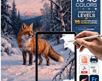 Fox Paint by Numbers Digital | 5 Levels 16-96 Colors | Svg Pdf Png Procreate | Red Fox Winter Snow Nordic Forest Printable Wall Art