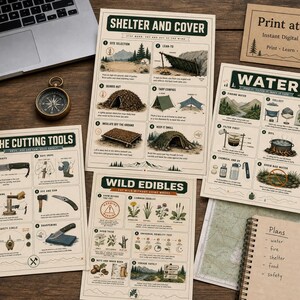 K&ouml;nnte beinhalten: Vier lehrreiche &Uuml;berlebensposter mit den Titeln Shelter and Cover, Water, The Cutting Tools und Wild Edibles. Jedes Poster enth&auml;lt detaillierte Illustrationen und Texte, die &Uuml;berlebenstechniken im Freien erkl&auml;ren, darunter den Bau von Unterk&uuml;nften, das Filtern von Wasser, den Gebrauch von Messern und das Bestimmen essbarer Pflanzen.