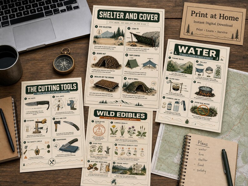 K&ouml;nnte beinhalten: Vier lehrreiche &Uuml;berlebensposter mit den Titeln Shelter and Cover, Water, The Cutting Tools und Wild Edibles. Jedes Poster enth&auml;lt detaillierte Illustrationen und Texte, die &Uuml;berlebenstechniken im Freien erkl&auml;ren, darunter den Bau von Unterk&uuml;nften, das Filtern von Wasser, den Gebrauch von Messern und das Bestimmen essbarer Pflanzen.