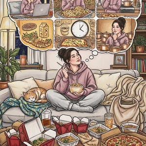 May include: A digital illustration of a person sitting on a sofa eating from a bowl, surrounded by various takeout containers including red boxes, a pizza box, and cups. A thought bubble above shows scenes of working, cooking, and eating.