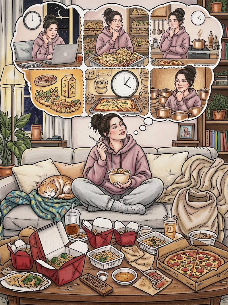 May include: A digital illustration of a person sitting on a sofa eating from a bowl, surrounded by various takeout containers including red boxes, a pizza box, and cups. A thought bubble above shows scenes of working, cooking, and eating.