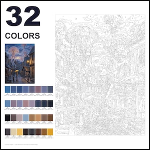 May include: A paint-by-numbers kit featuring a numbered outline of a street scene with jellyfish floating above buildings. The set includes a small color reference image, a palette of 32 numbered color swatches, and a large canvas with 32 colors.