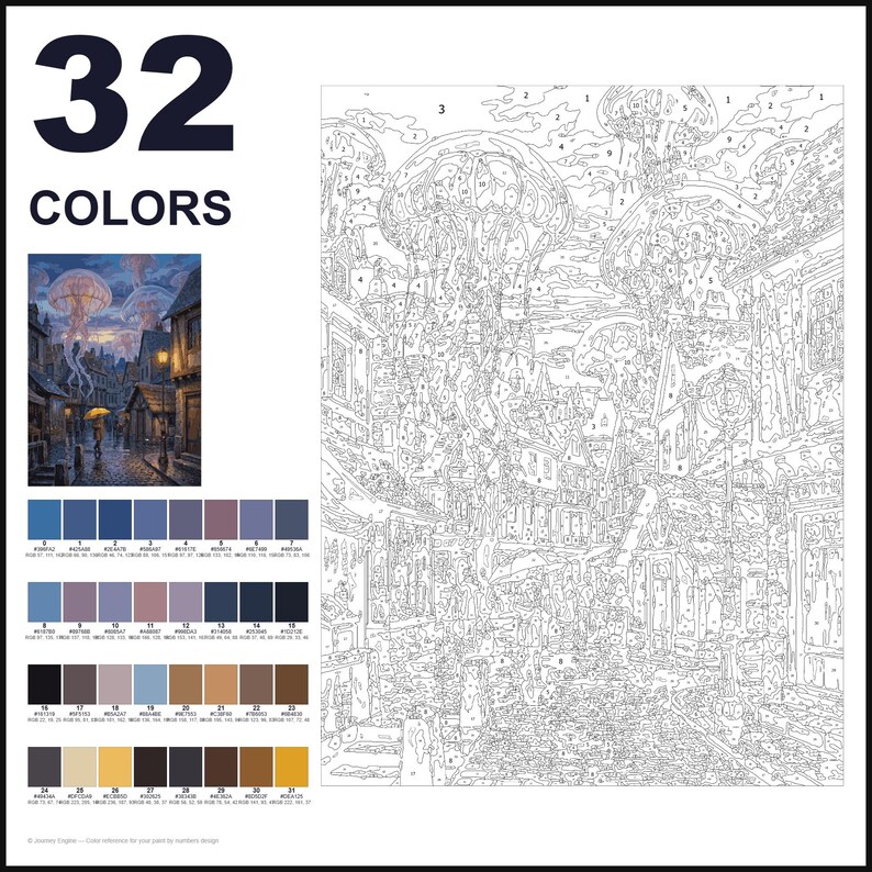 May include: A paint-by-numbers kit featuring a numbered outline of a street scene with jellyfish floating above buildings. The set includes a small color reference image, a palette of 32 numbered color swatches, and a large canvas with 32 colors.