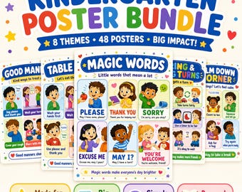Conjunto de carteles de buenos modales / Decoración para aulas de preescolar y jardín de infancia / Modales en la mesa: compartiendo habilidades sociales / Descarga instantánea imprimible