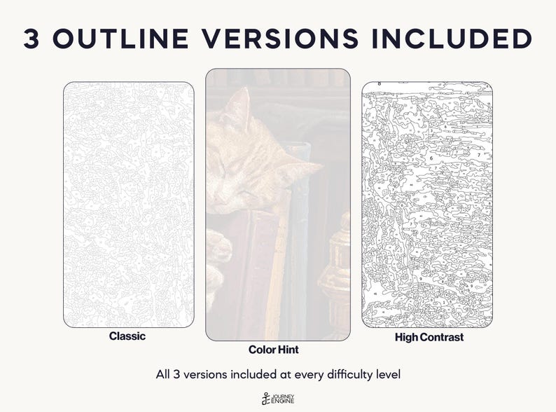 May include: Three paint-by-number templates featuring a cat sleeping on books. The set includes a Classic version with light lines, a Color Hint version with a semi-transparent image, and a High Contrast version with bold lines and numbered sections.