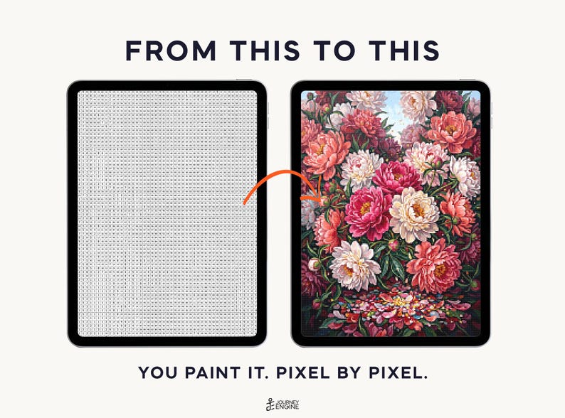May include: Two tablets displaying a digital paint-by-number process. The left screen shows a grid of letters and numbers, while the right screen shows a completed floral illustration of pink and white peonies. Text reads FROM THIS TO THIS and YOU PAINT IT. PIXEL BY PIXEL.