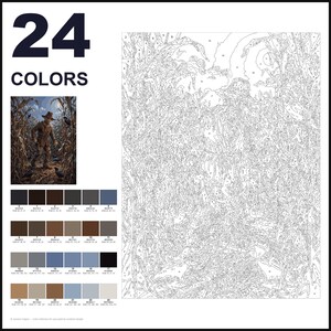 May include: A paint-by-numbers kit featuring 24 colors, a reference image of a scarecrow in a cornfield, and a large numbered outline canvas. The color palette includes various shades of brown, gray, blue, and beige with corresponding RGB codes.