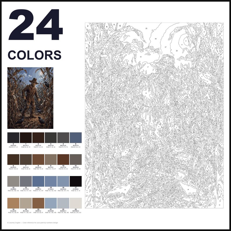 May include: A paint-by-numbers kit featuring 24 colors, a reference image of a scarecrow in a cornfield, and a large numbered outline canvas. The color palette includes various shades of brown, gray, blue, and beige with corresponding RGB codes.