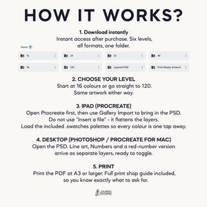 May include: An instructional graphic titled HOW IT WORKS? detailing five steps for digital files. It lists folder options for 16, 24, 32, 48, 96, 120, Layered PSD, and Print Ready Artwork. Instructions cover choosing levels, iPad Procreate usage, desktop Photoshop usage, and printing at A3 or larger, with a Journey Engine logo at the bottom.